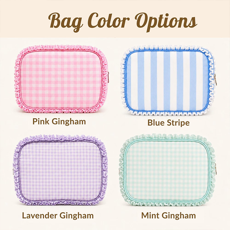 Personalized Chenille Name Gingham Ruffle Teacher Makeup Bag