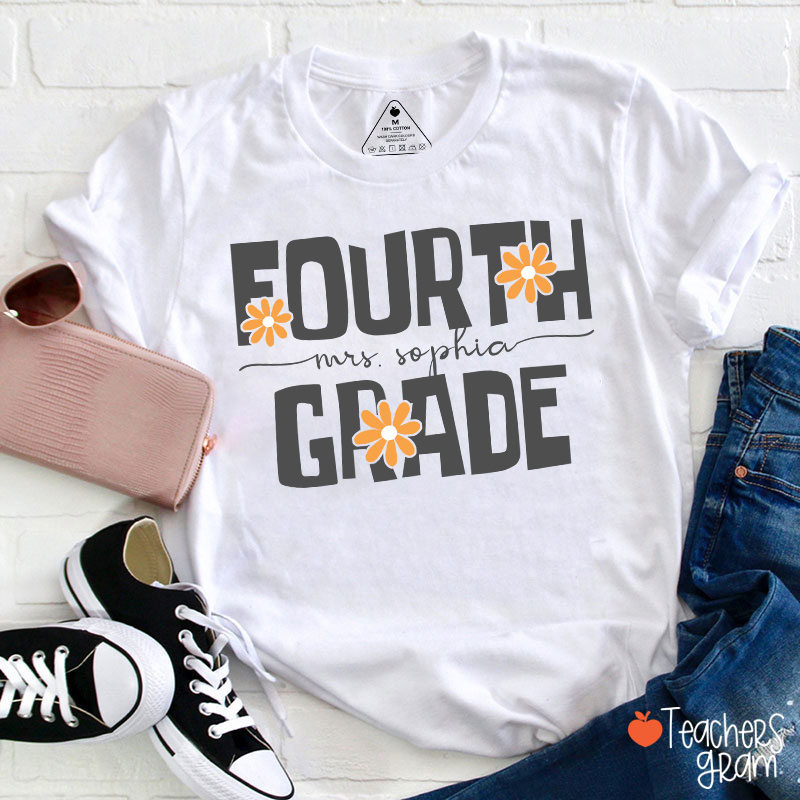 Personalized Name And Grade Daisy Floral Teacher T-Shirt