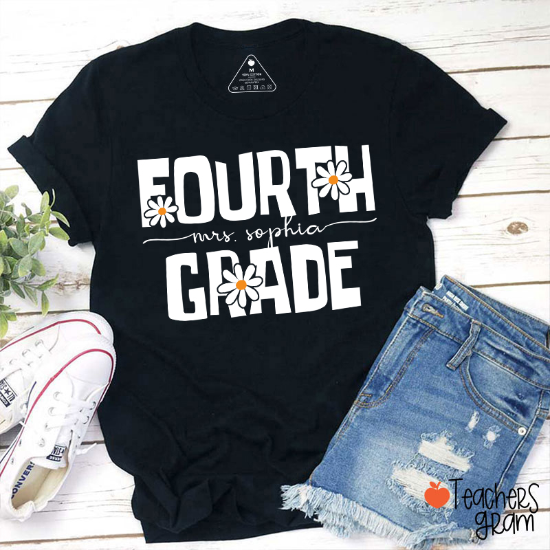 Personalized Name And Grade Daisy Floral Teacher T-Shirt