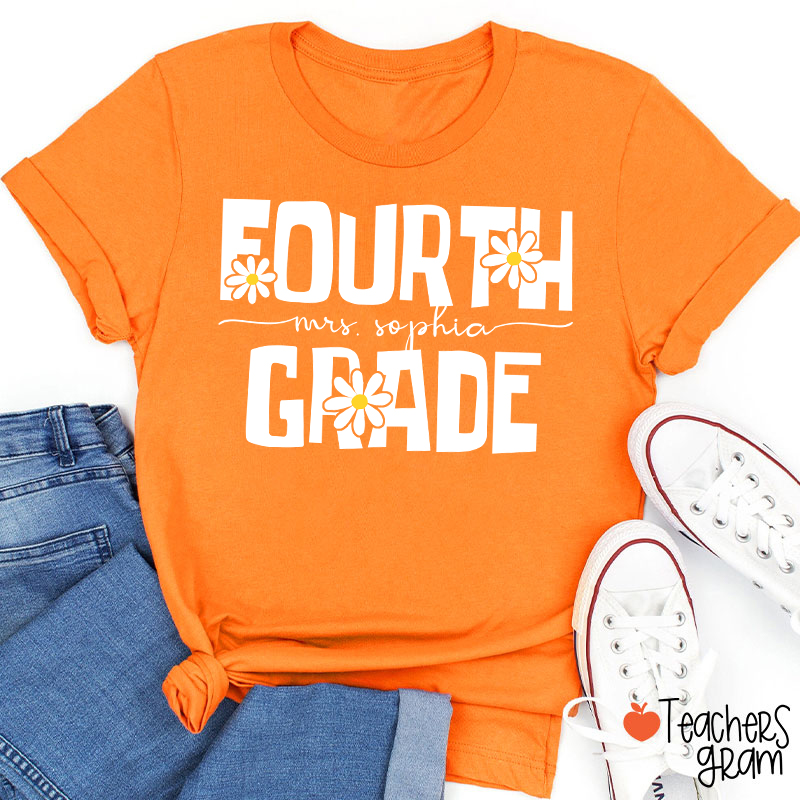 Personalized Name And Grade Daisy Floral Teacher T-Shirt