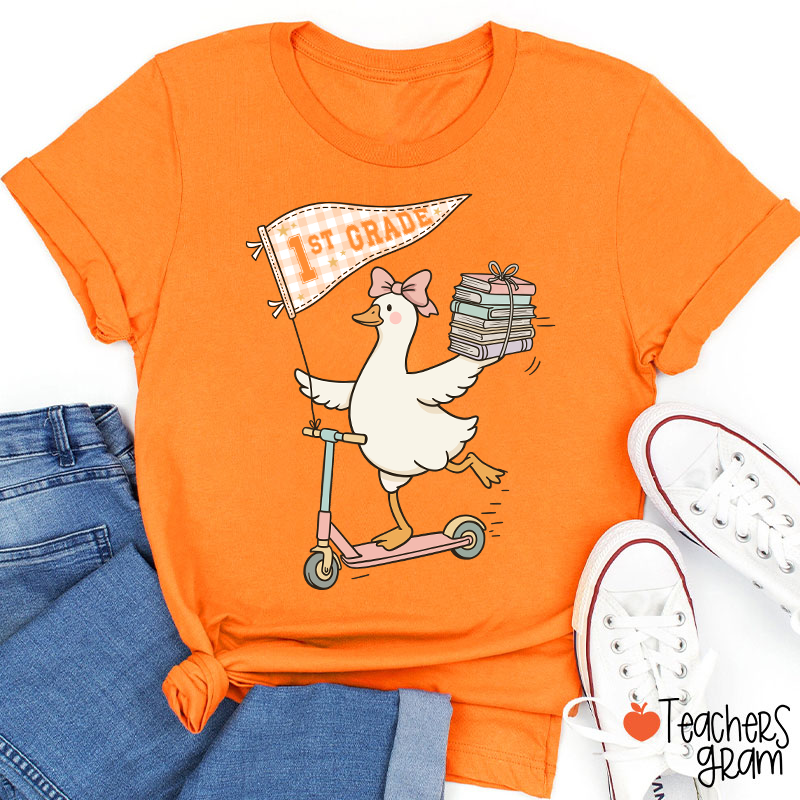 Personalized Grade Scooter Silly Goose Pennant Book Stack Teacher T-Shirt