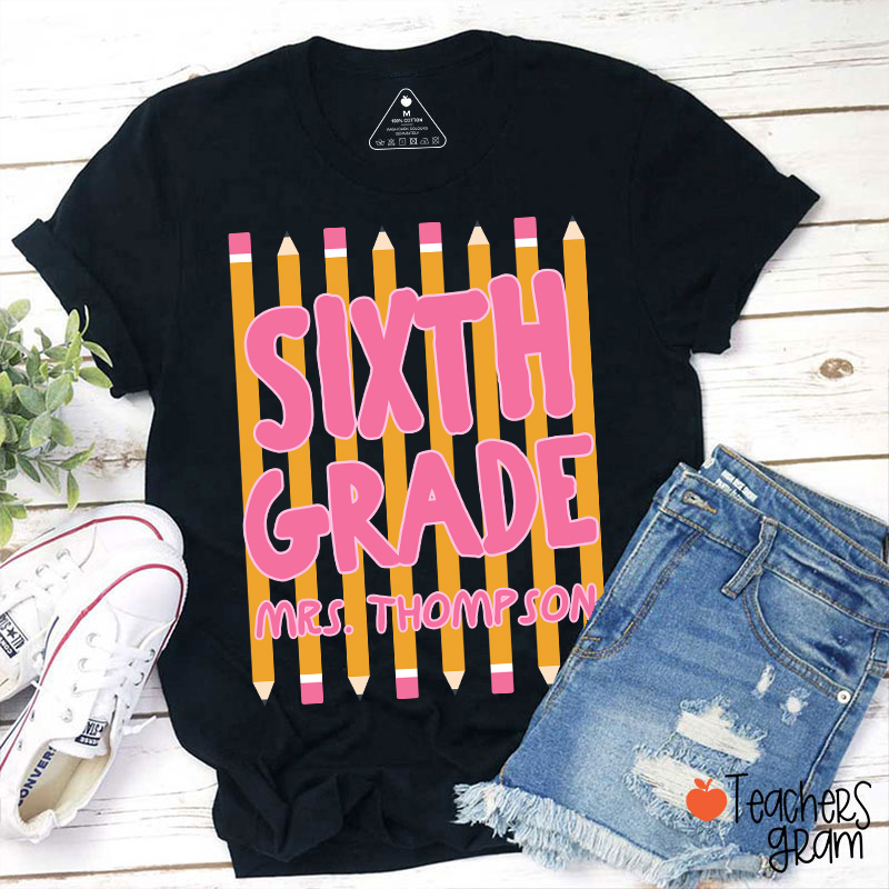 Personalized Name And Grade Pencil Stripes Teacher T-Shirt