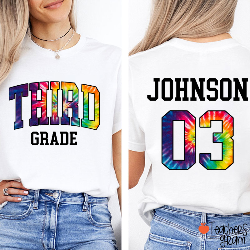 Personalized Grade And Name Tie-dye Letter Teacher Two Sided T-Shirt
