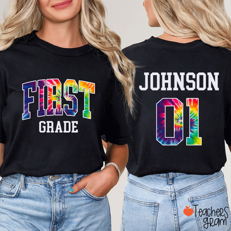 Personalized Grade And Name Tie-dye Letter Teacher Two Sided T-Shirt