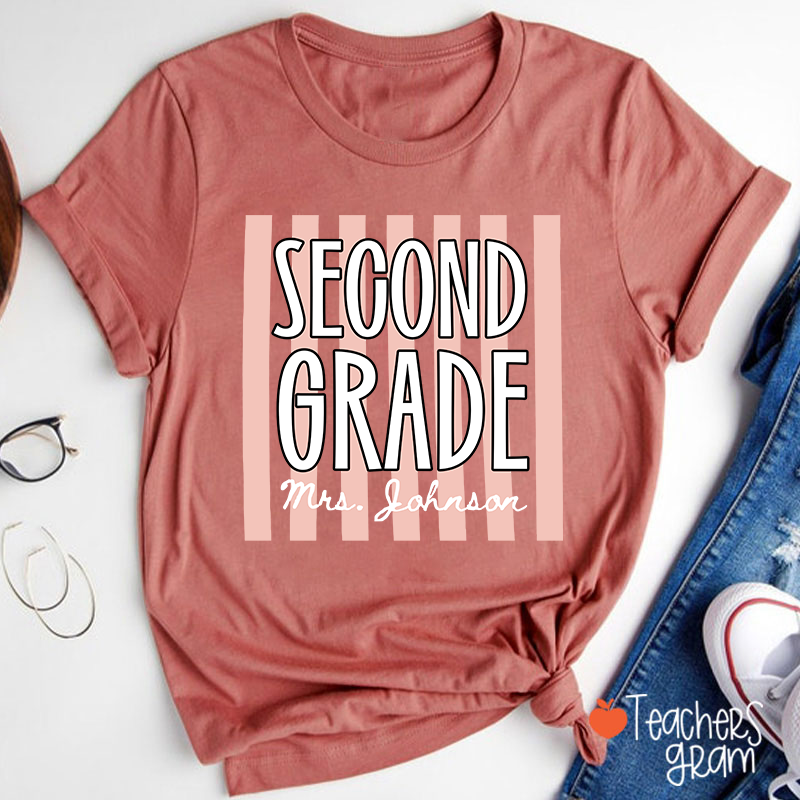 Personalized Grade And Name Stripes Stars Teacher T-Shirt