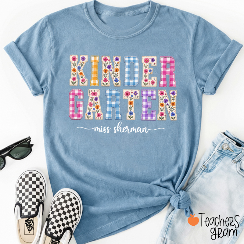 Personalized Name Floral Gingham Teacher T-Shirt