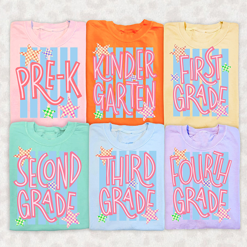 Personalized Grade Stripes Checker Star Teacher T-Shirt