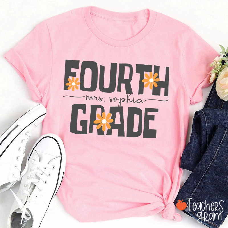 Personalized Name And Grade Daisy Floral Teacher T-Shirt