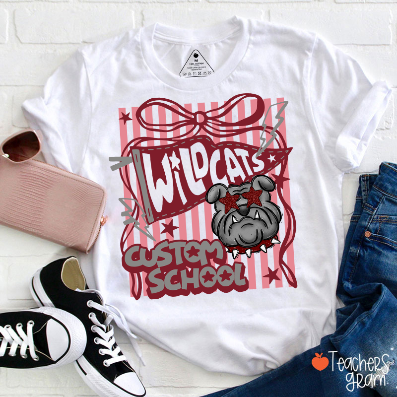 Personalized Mascot Coquette Bow Striped Teacher T-Shirt