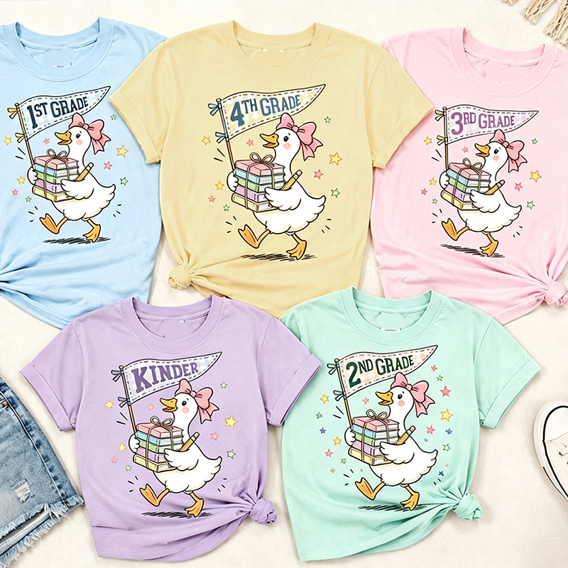 Personalized Grade Silly Goose Book Pennant Teacher T-Shirt