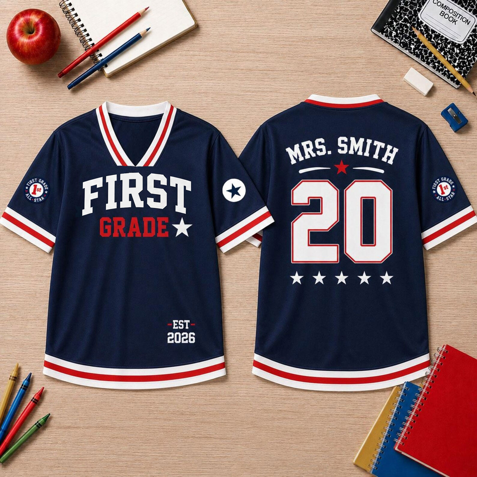 Personalized Grade And Name Preppy Retro Solid First Day Teacher Mesh Jersey
