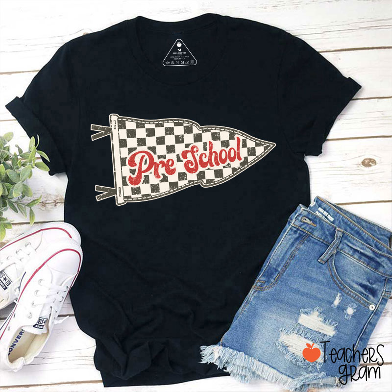 Personalized Grade Checkered Pennant Flag Vintage Retro Preschool Teacher T-Shirt