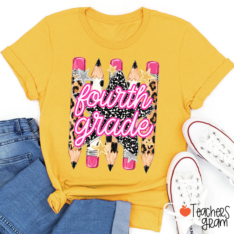 Personalized Grade Name Leopard Star Pencil Teacher T-Shirt