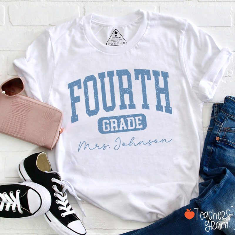 Personalized Name And Grade Vintage Distressed Varsity Letter Teacher T-Shirt