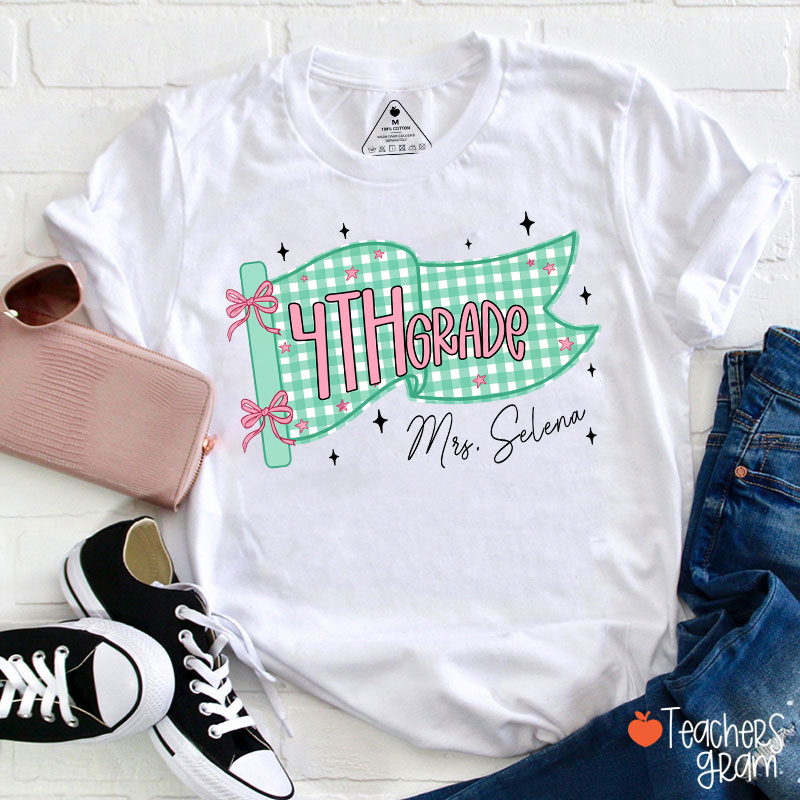 Personalized Name And Grade Gingham Pennant Bow Star Teacher T-Shirt
