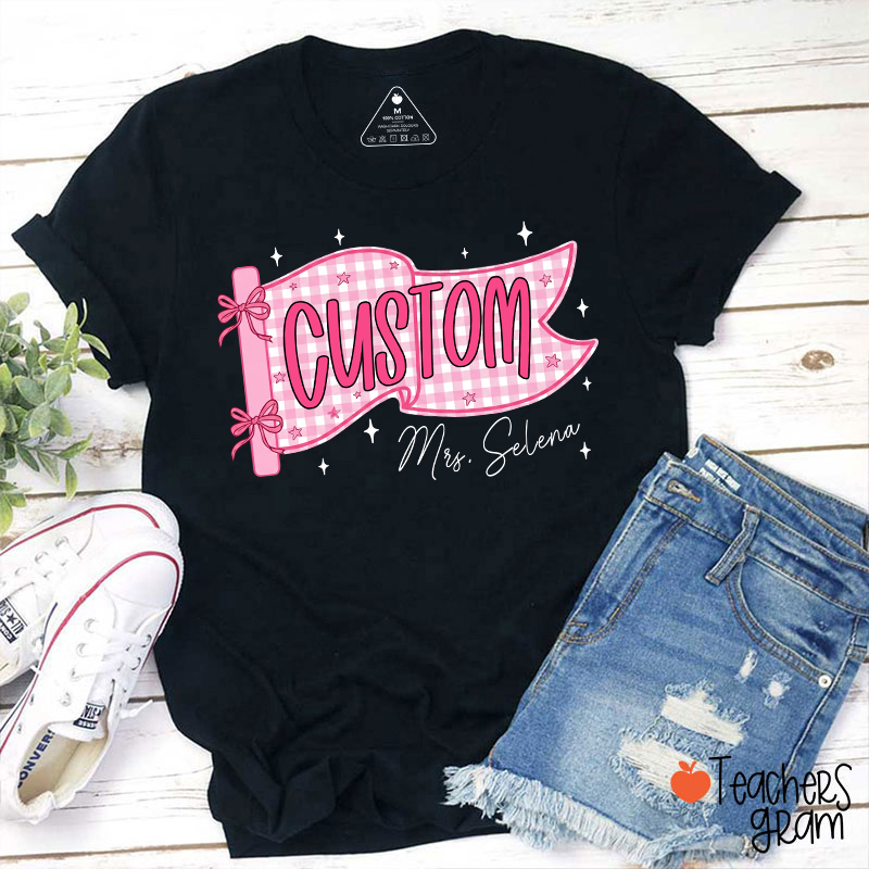 Personalized Name And Grade Gingham Pennant Bow Star Teacher T-Shirt