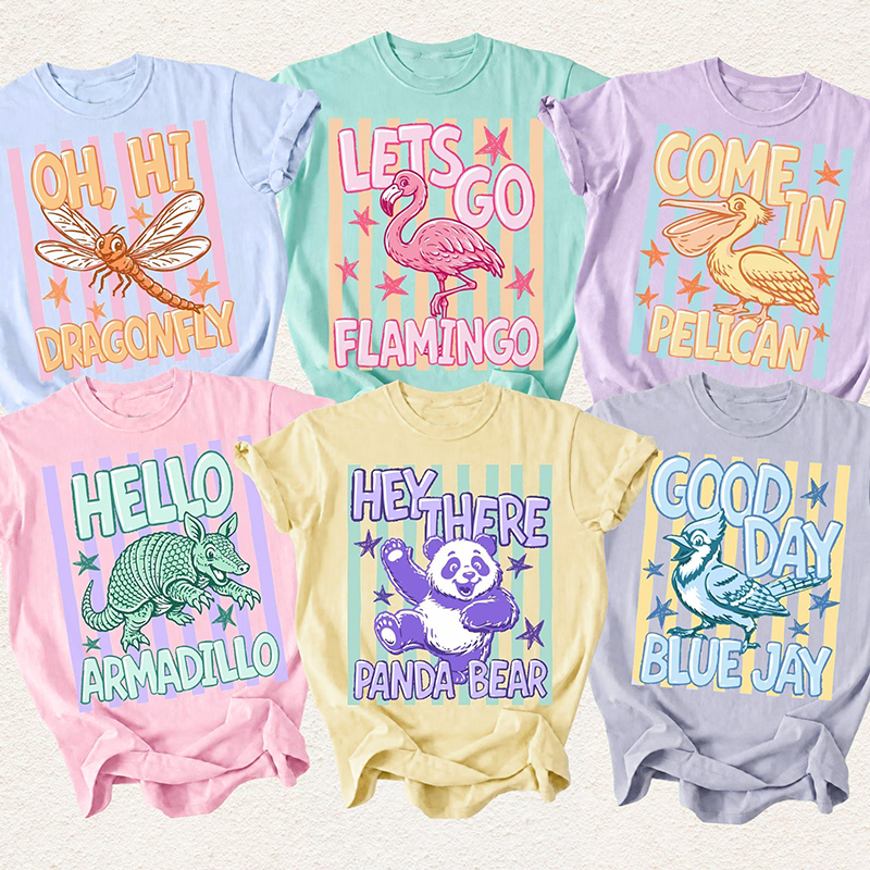 Personalized Retro Cute Animal Striped Frame Teacher T-Shirt