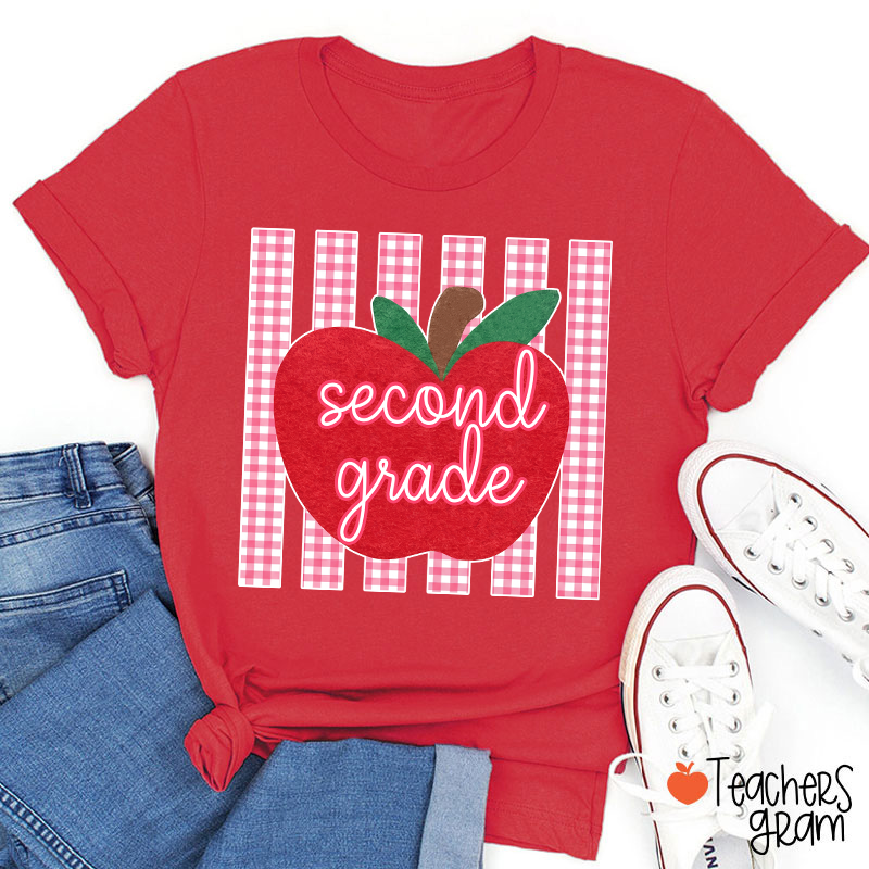 Personalized Grade Gingham Apple Teacher T-Shirt