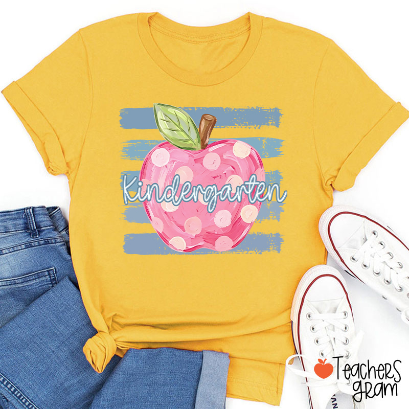 Personalized Grade Pink Polka Dot Apple Blue Brush Stripe Teacher T-Shirt