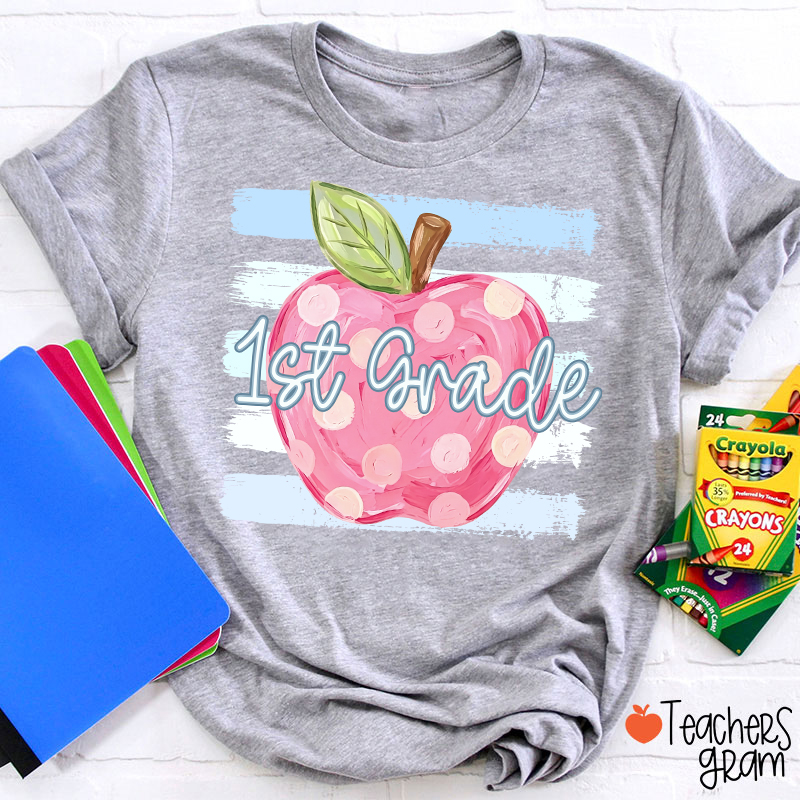 Personalized Grade Pink Polka Dot Apple Blue Brush Stripe Teacher T-Shirt