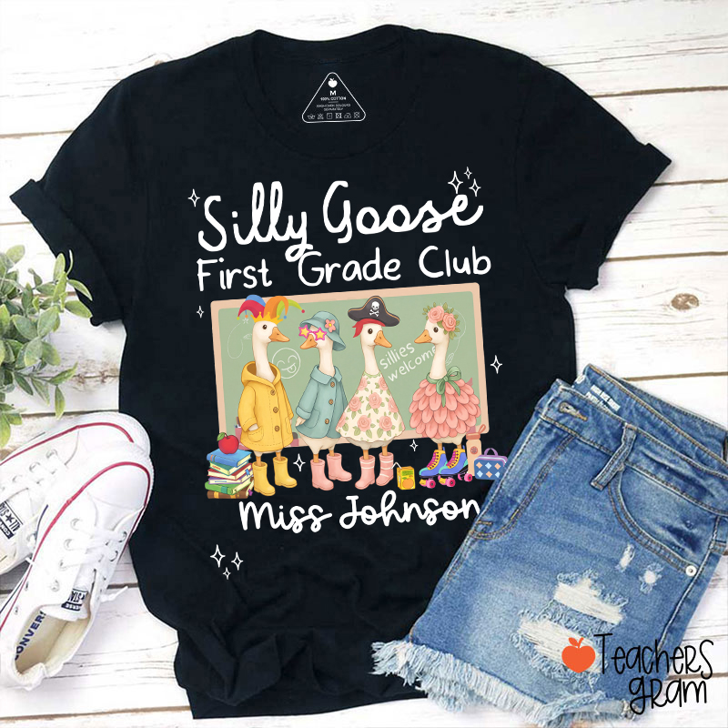 Personalized Grade Name Silly Goose Cartoon Classroom Print Teacher T-Shirt