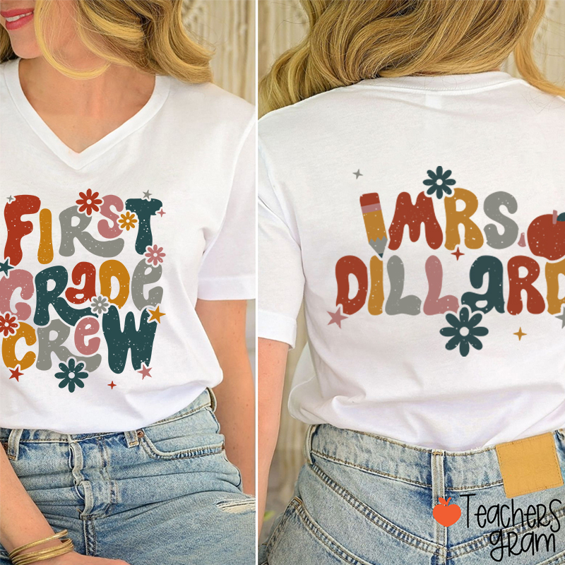 Personalized Name And Grade Bloom Flowers Teacher Female V-Neck Two Sided T-Shirt