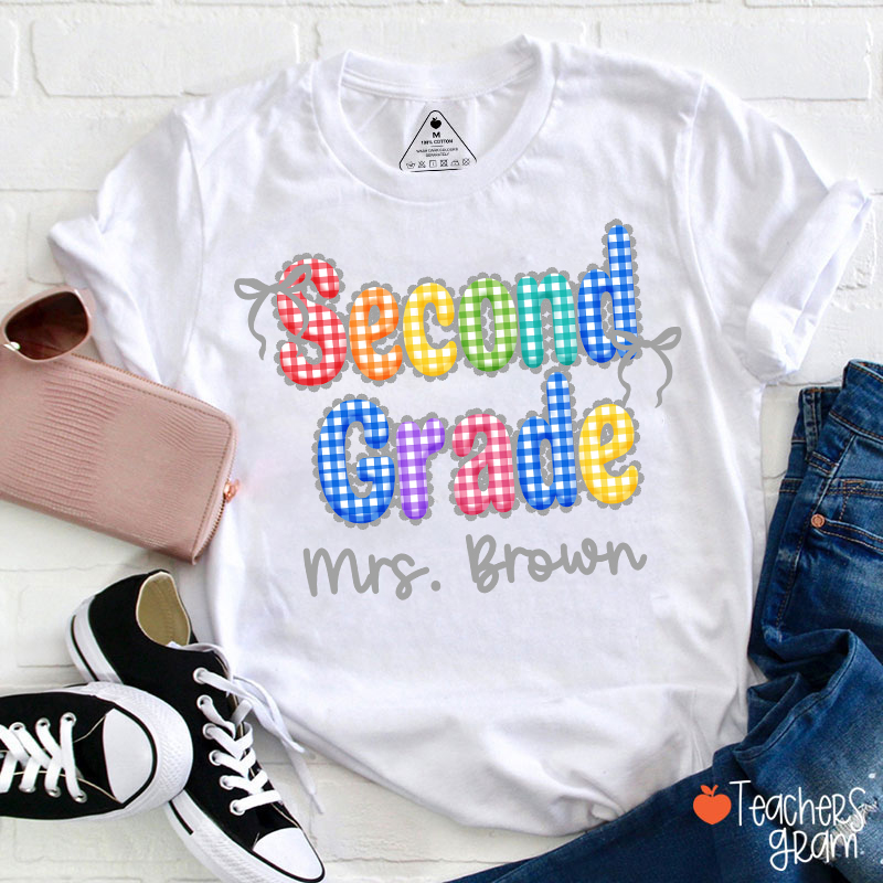 Personalized Grade Name Rainbow Gingham Teacher T-Shirt