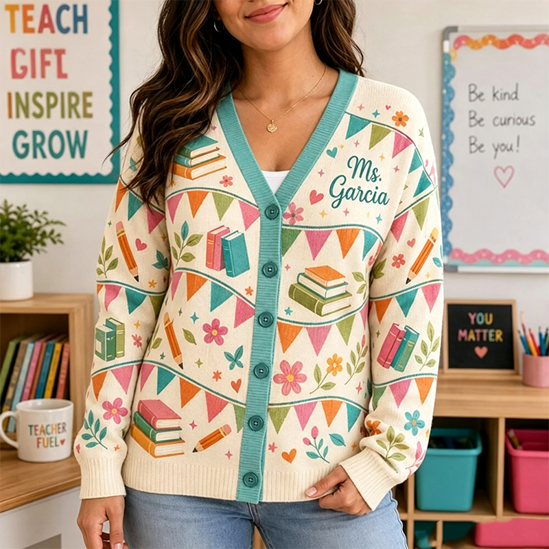 Personalized Name Book Pencil Bunting Floral Graphic Teacher Ugly Cardigan Sweaters