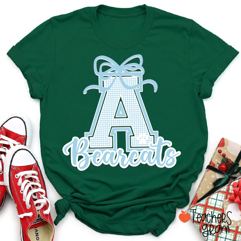 Personalized Mascot Gingham Varsity Coquette Bow Teacher T-Shirt