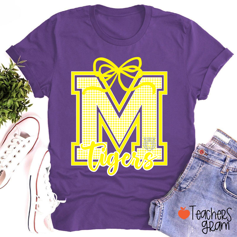 Personalized Mascot Gingham Varsity Coquette Bow Teacher T-Shirt