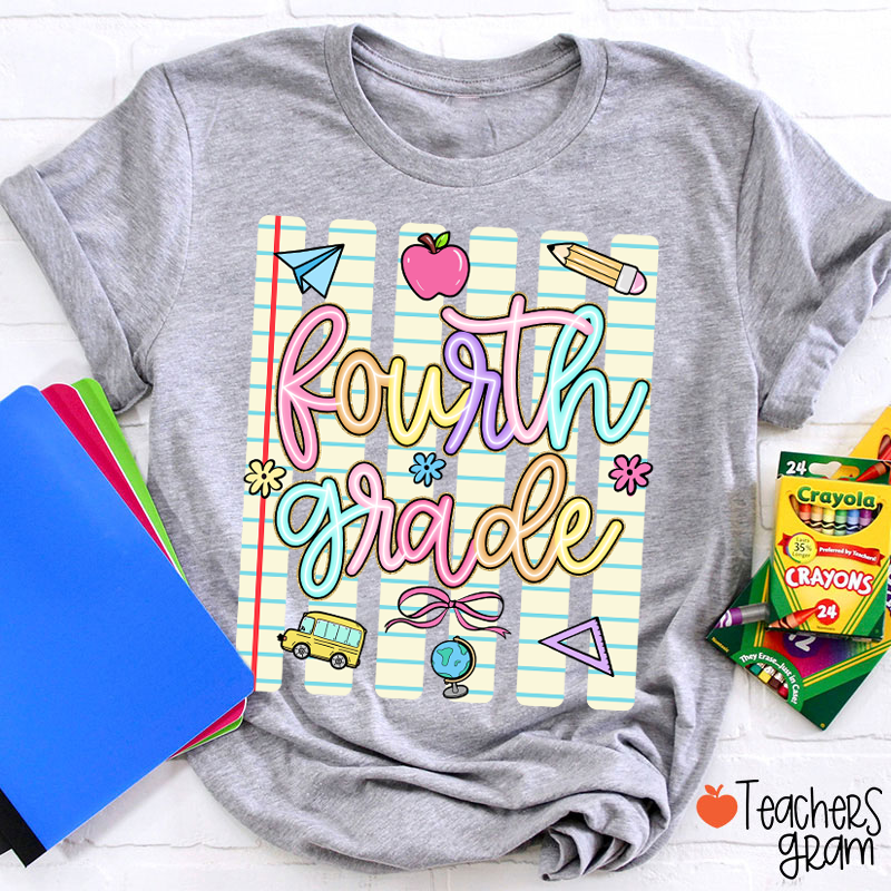 Personalized Grade Notebook Stripes Cute Icons Teacher T-Shirt