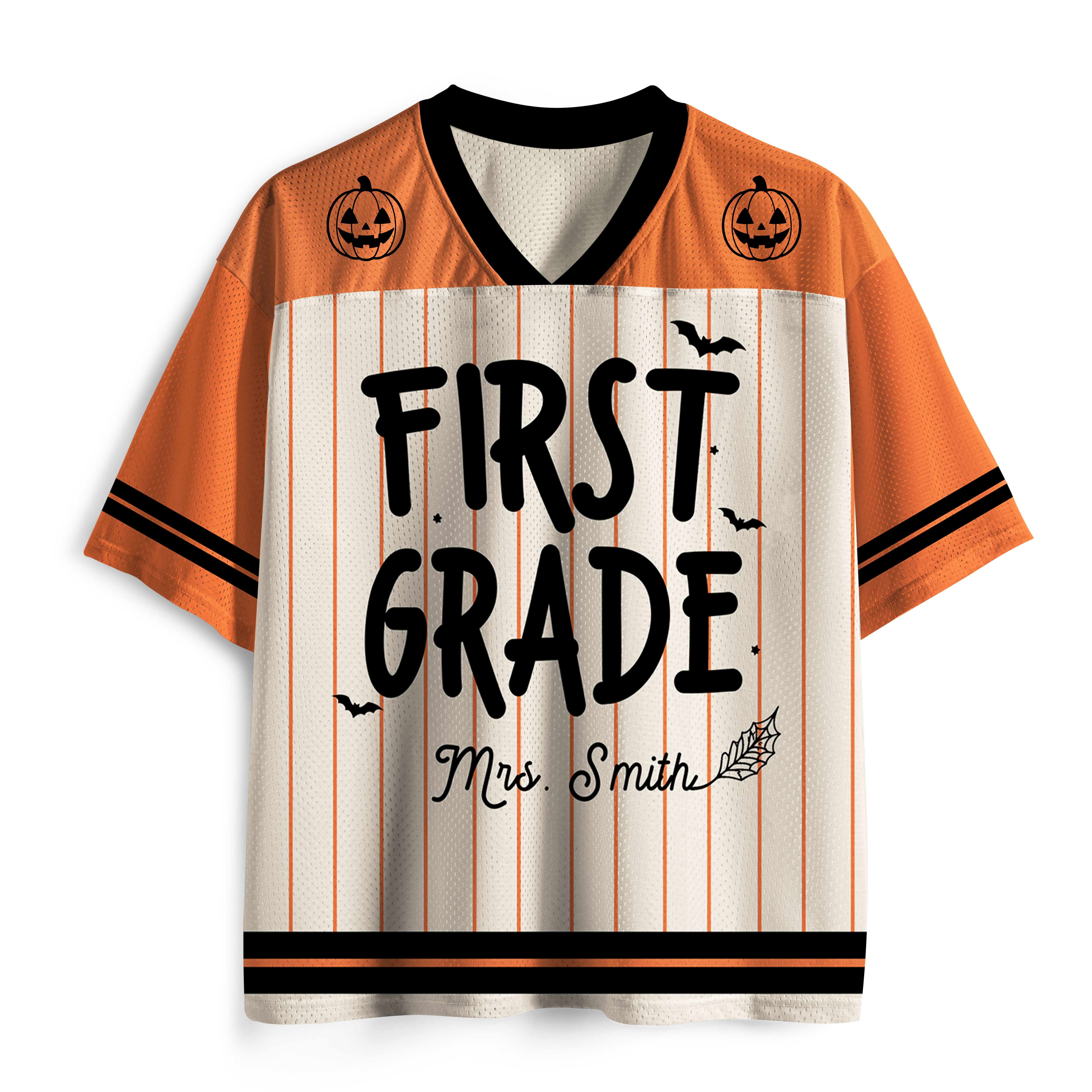 Personalized Name And Grade Stripes Pumpkin Teacher Mesh Jersey