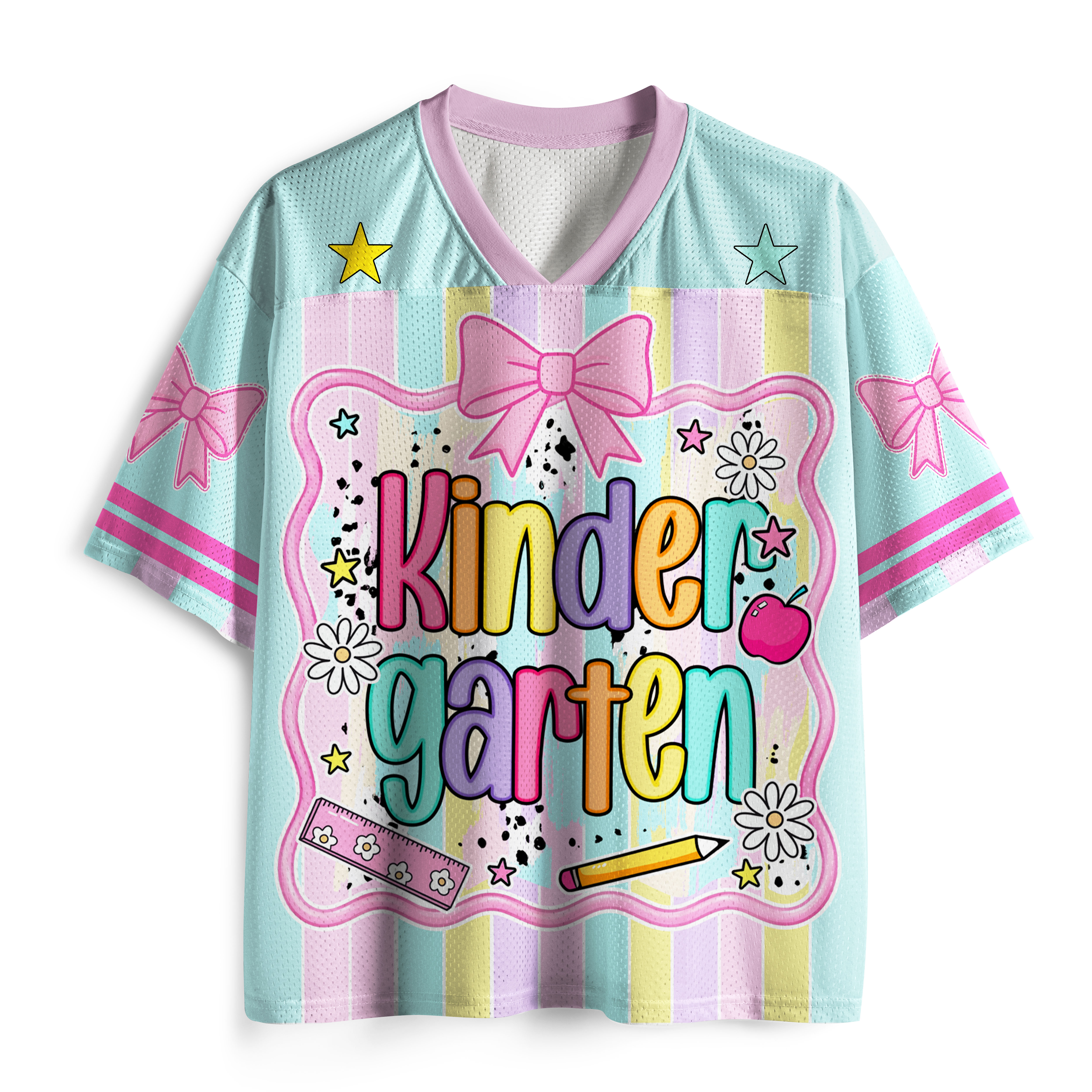 Personalized Grade And Name Coquette Bow Coloful Stripes Teacher Mesh Jersey