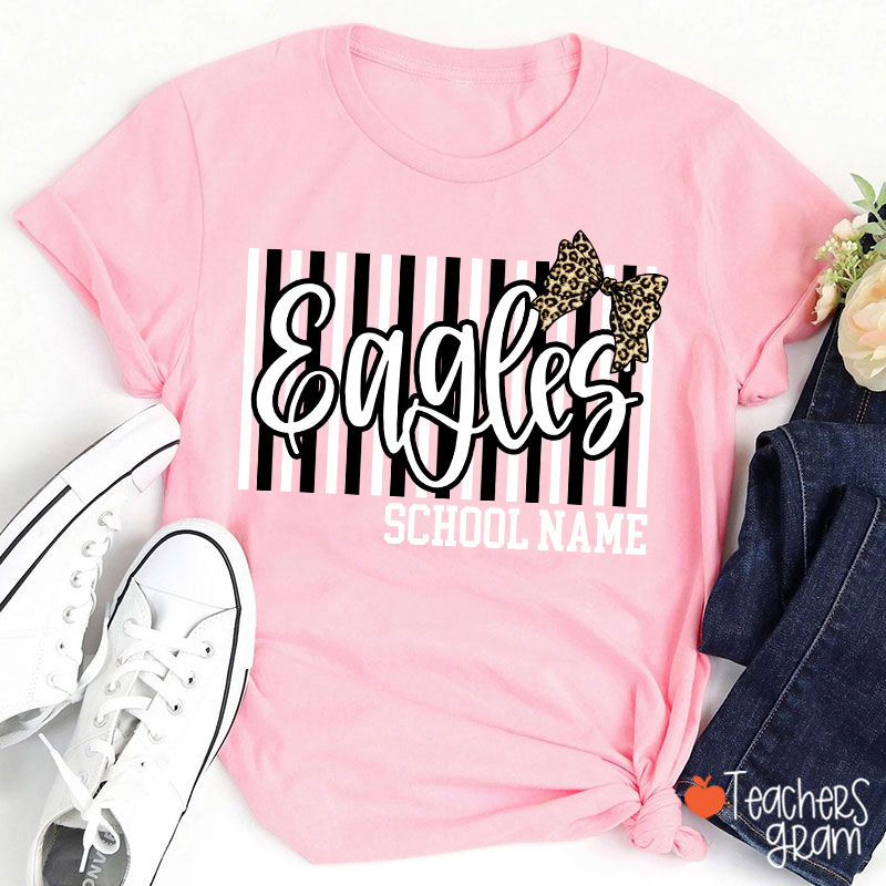 Personalized School Mascot Stripe Leopard Bow Teacher T-Shirt