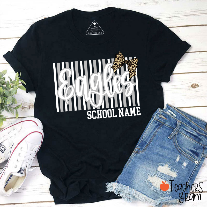 Personalized School Mascot Stripe Leopard Bow Teacher T-Shirt