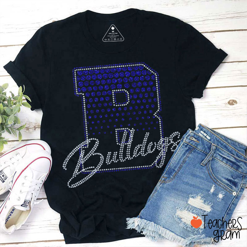 Personalized Mascot Rhinestone Varsity Letter Script Teacher T-Shirt