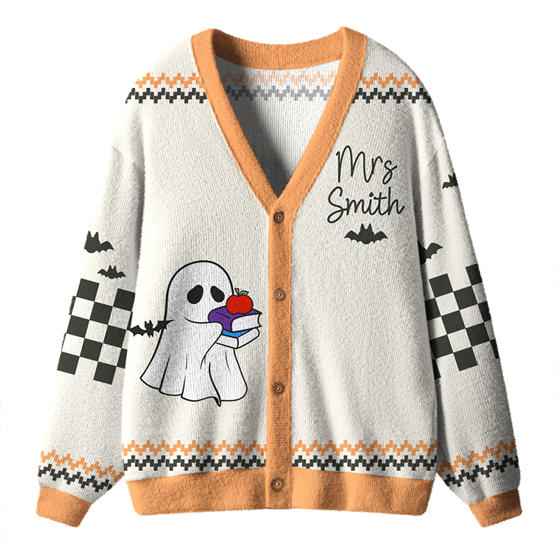 Personalized Fall_O_Ween Ghost Teacher Ugly Cardigan Sweaters