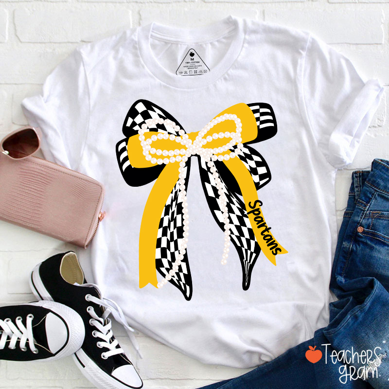 Personalized Mascot Cute Bow School Spirit Graphic Teacher T‑Shirt