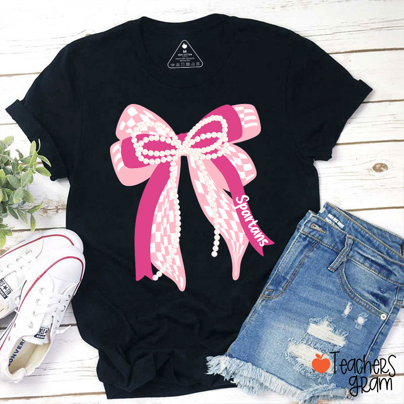 Personalized Mascot Cute Bow School Spirit Graphic Teacher T‑Shirt