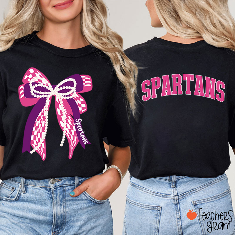 Personalized Mascot Varsity Curved Bow Theme Teacher Two Sided T-Shirt