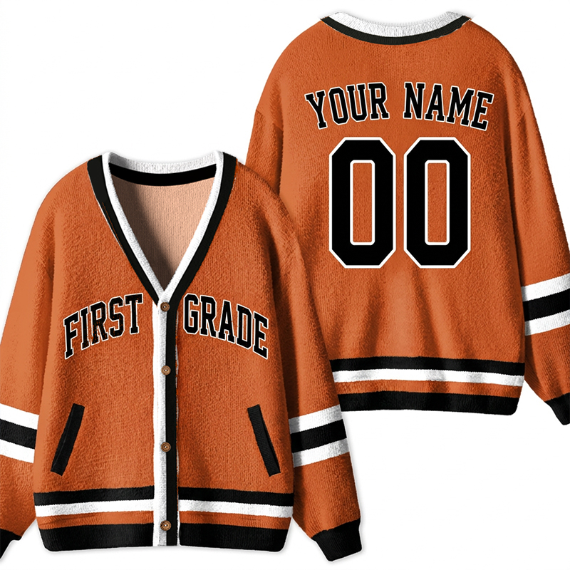 Personalized Grade Name Number V‑Neck Striped Button Teacher Ugly Cardigan Sweaters