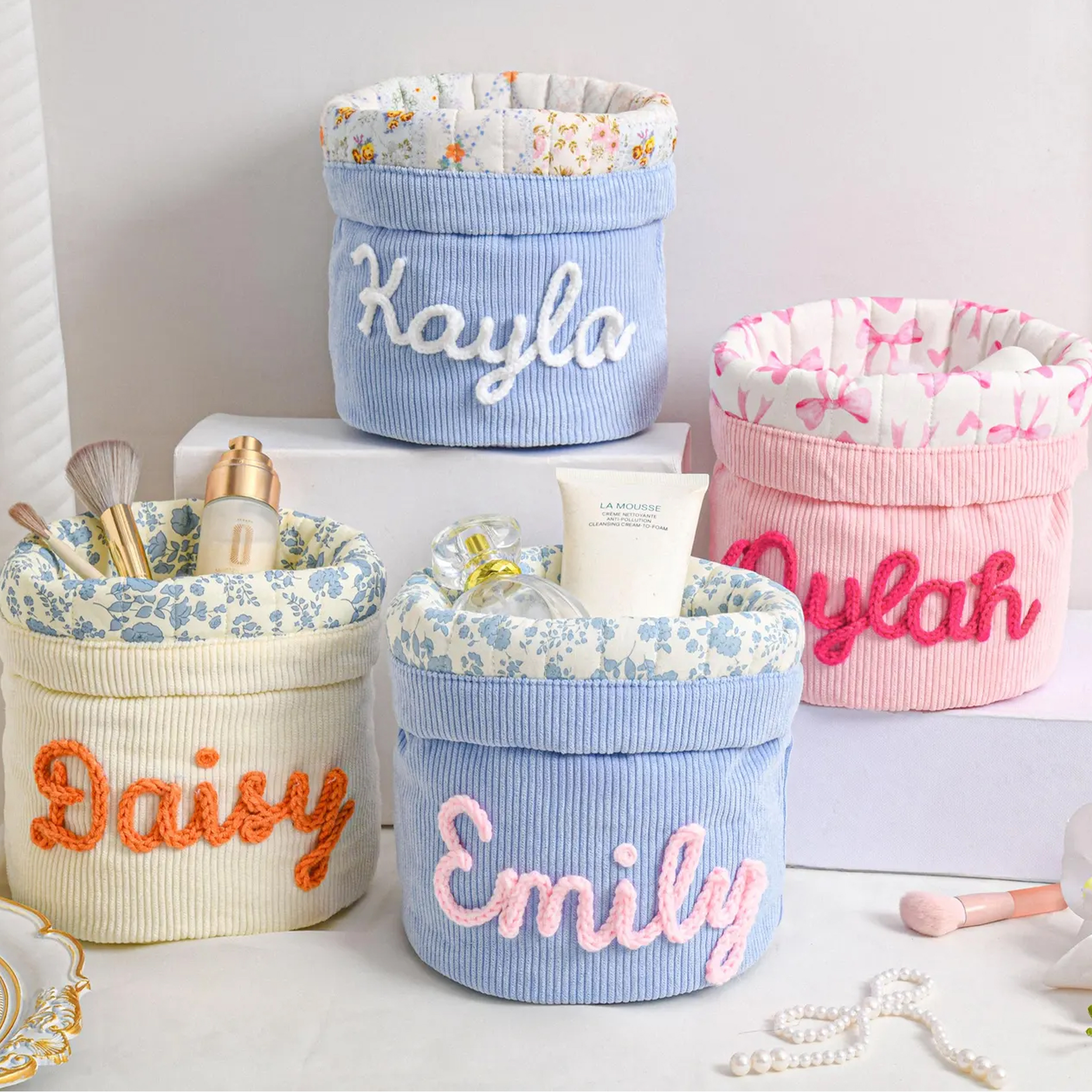 Personalized Embroidered Corduroy Cylindrical Makeup Bag