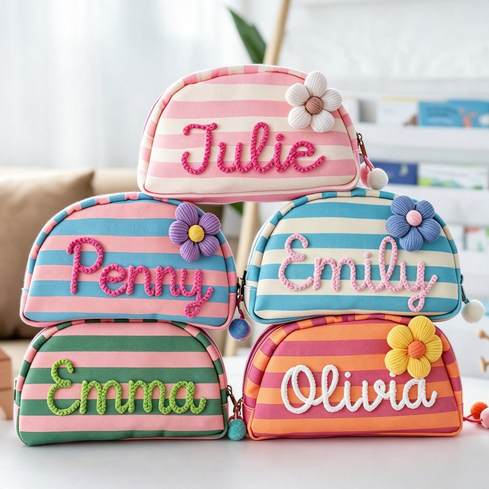 Personalized Embroidered Striped Shell Makeup Bag