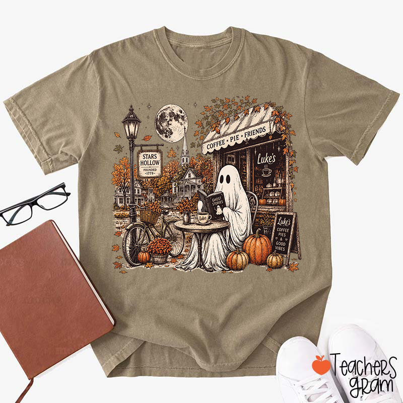 Ghost Reading At Coffee Shop Halloween Teacher T-Shirt
