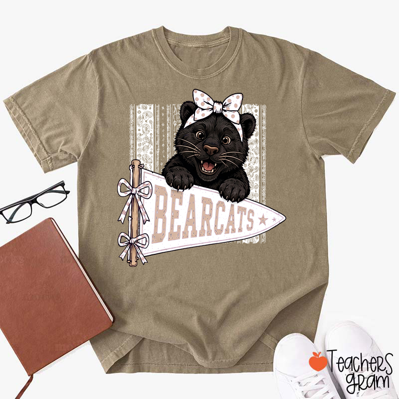 Personalized Mascot Bow Pennant Paisley Striped Graphic Teacher T‑Shirt