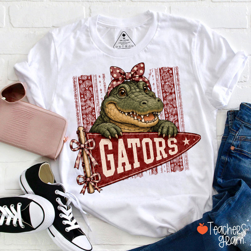 Personalized Mascot Bow Pennant Paisley Striped Graphic Teacher T‑Shirt