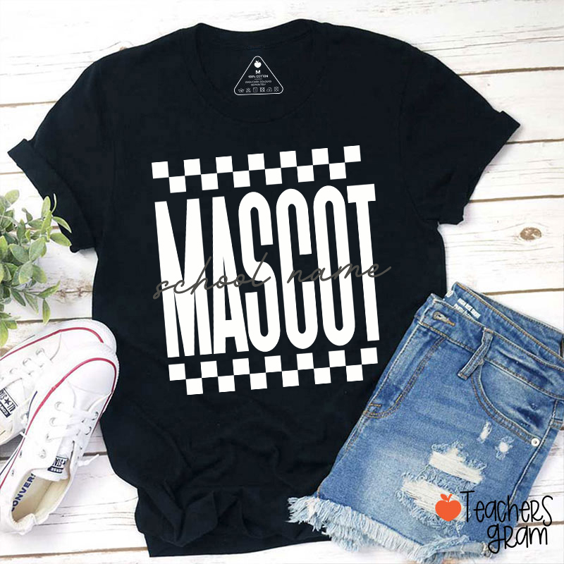 Personalized Mascot Sport Checkered Script Teacher T-Shirt