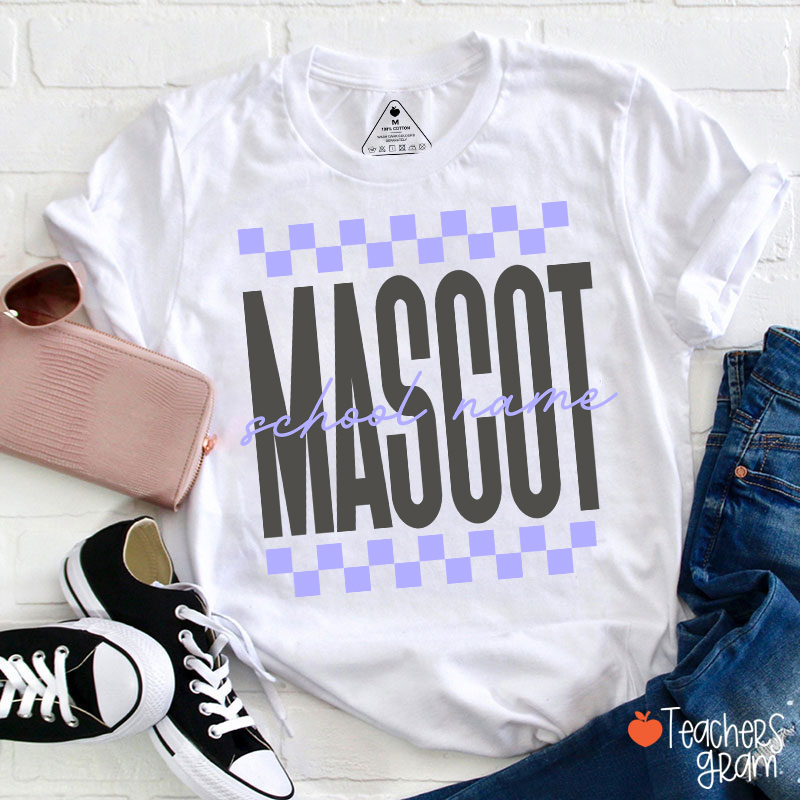 Personalized Mascot Sport Checkered Script Teacher T-Shirt