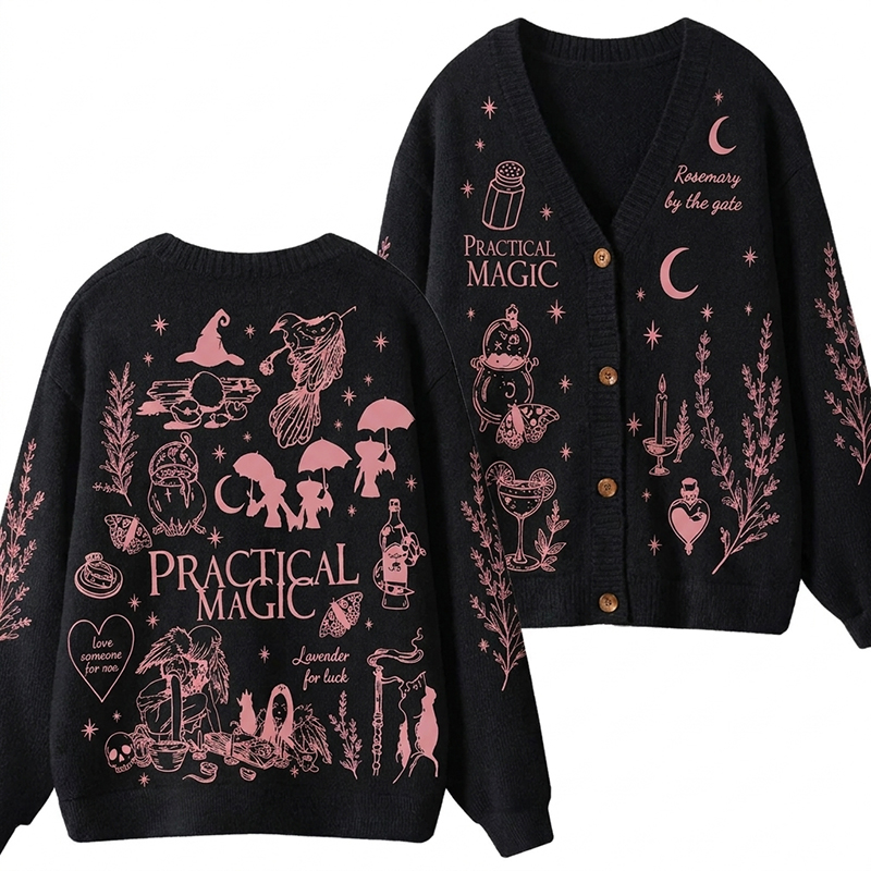 Dark Academia Practical Magic Herbal Moon Star Graphic Teacher Ugly Cardigan Sweater