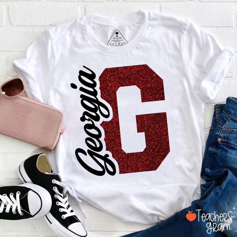 Personalized Mascot Initial Glitter Print Puff Printed Teacher T‑Shirt